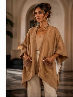 Camel Wool Blend Cape Poncho with Faux Fur Pockets One Size